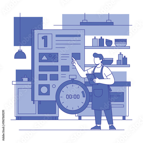 Man in Kitchen Planning with Digital Tablet and Timer.