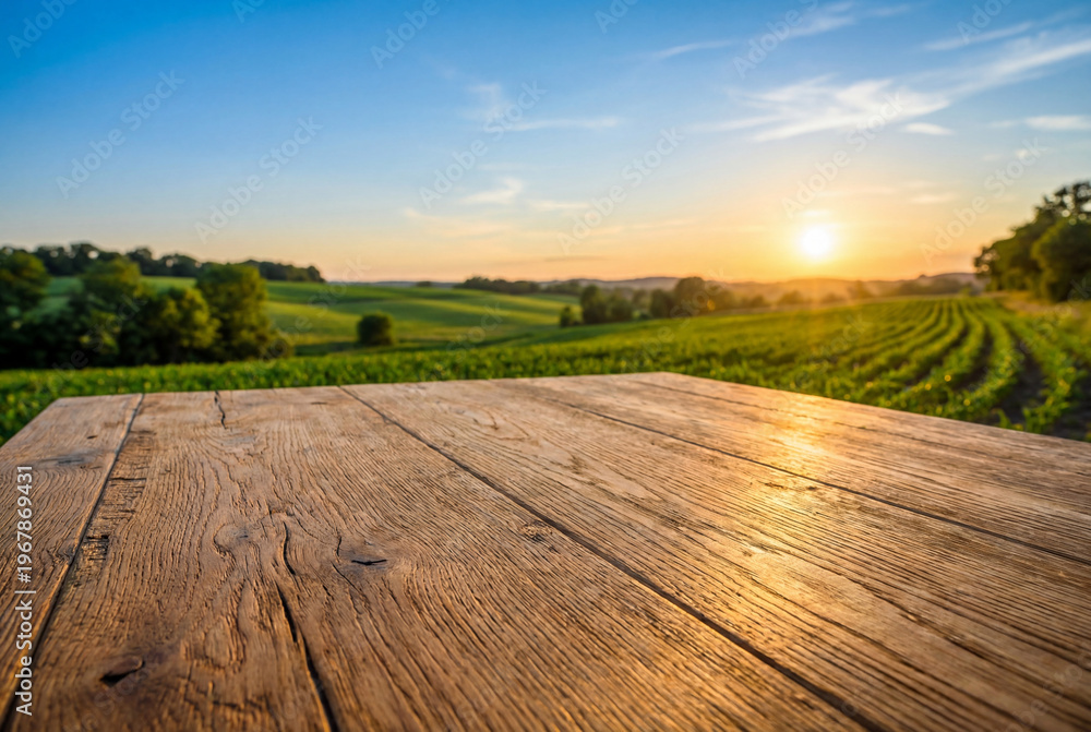 Fototapeta premium Empty wooden table surface with a blurred background of a farm field at sunset