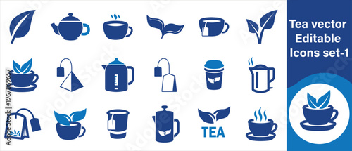 A collection of blue tea related vector icons including teapots cups tea bags and leaves arranged on a white background high quality professional
