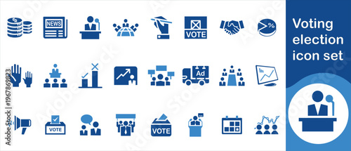 A collection of blue icons representing various aspects of the voting process elections civic duties and political engagement high quality professional detailed modern