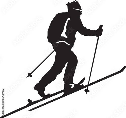 Skier silhouette captures dynamic motion of downhill skiing with poles on transparent background.