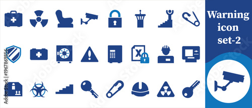 A collection of blue security safety and warning icons depicting various objects and potential hazards is displayed high quality professional detailed modern elegant