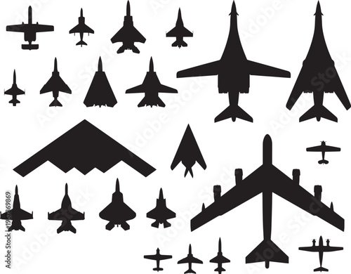 Diverse collection of military aircraft silhouettes, showcasing various types of jets and planes.