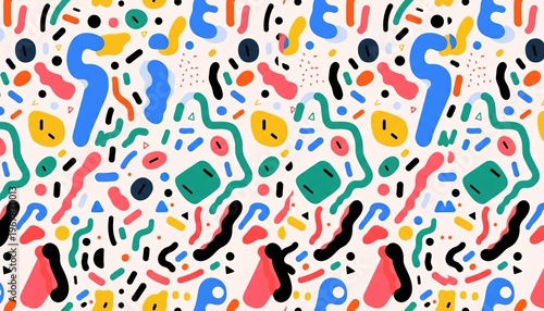 A vibrant and colorful abstract pattern featuring various shapes and designs on a white background