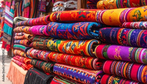 A stack of colorful, patterned fabrics