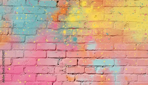 A vibrant and colorful brick wall with paint splatters in various hues of pink, yellow, and blue.