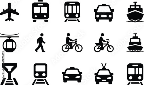 Transportation silhouette icon collection, travel vector artwork set, mobility design graphic, transit illustration motif, flat vector illustration