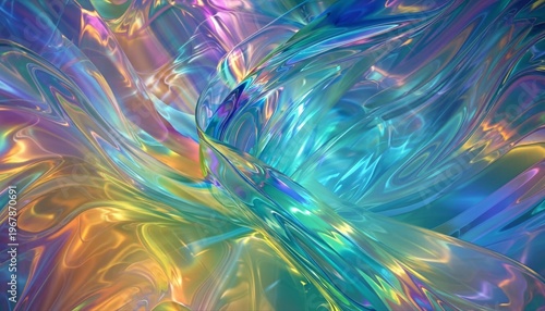 A vibrant abstract artwork featuring swirling iridescent colors and shimmering light effects in shades of blue, purple, and gold.