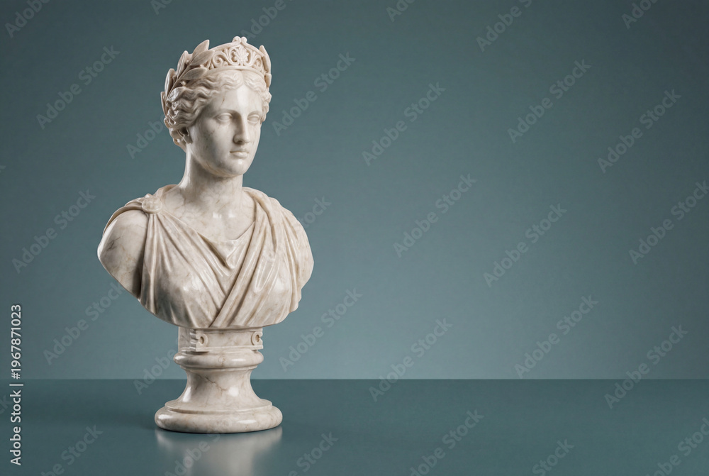 Obraz premium Classical white marble bust of female goddess with wreath on grey background