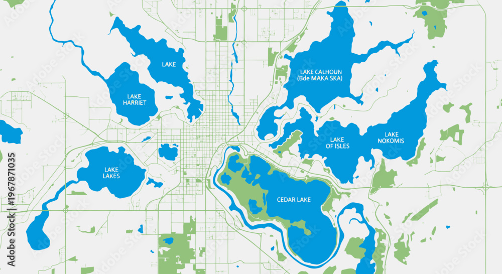 Obraz premium Aerial Map of Minneapolis Lakes and City Grid