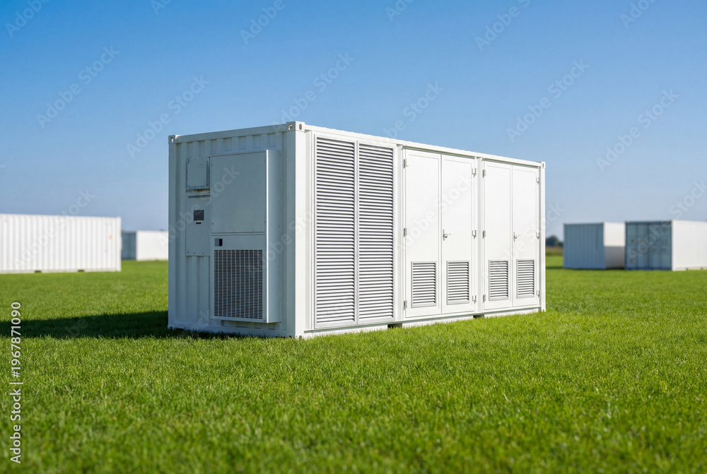 Obraz premium White battery energy storage container on green grass under blue sky
