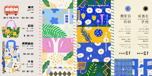 Colorful patchwork design featuring floral motifs bags and east asian text