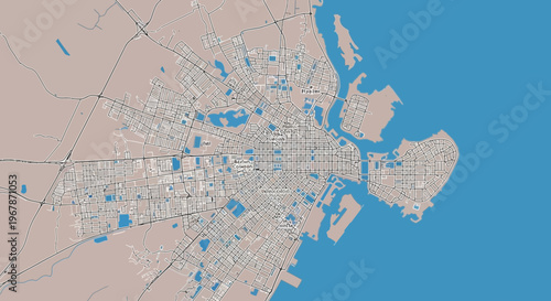 Aerial View of a Coastal City Map, Urban Planning, Infrastructure, Waterways
