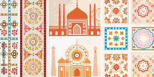 A colorful collage featuring the taj mahal and intricate patterns