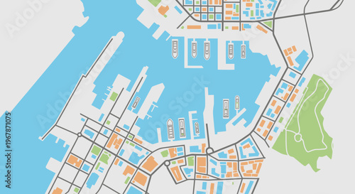 Aerial View of a Modern City Harbor with Boats and Buildings, Urban Map Illustration