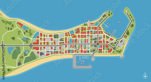 Aerial View of Coastal Town Map - Cityscape Illustration