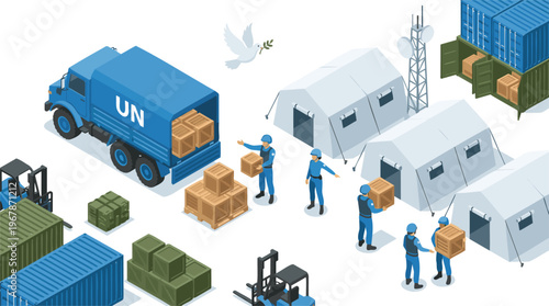 UN Peacekeepers unloading humanitarian aid and managing temporary camp setup, with a peace dove symbolizing global relief and solidarity, rendered in a detailed isometric vector illustration.