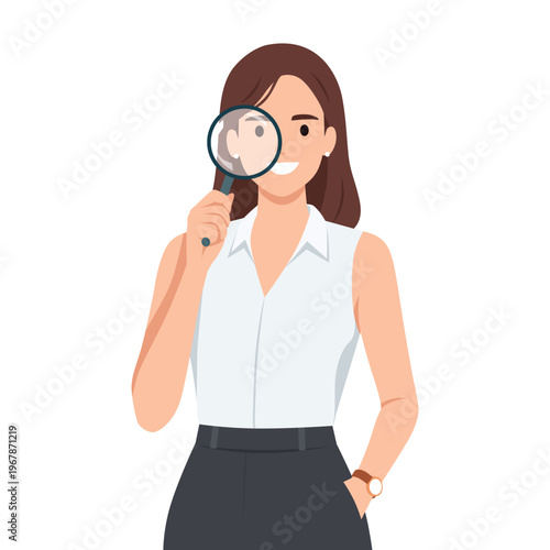 Smiling woman holding magnifying glass, inspection and search concept. Flat vector illustration isolated on white background