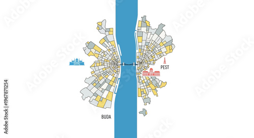 Budapest city map infographic, divided by Danube river, Buda and Pest districts