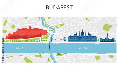 Budapest Map Illustration with Danube River, Parliament, and Buda Castle