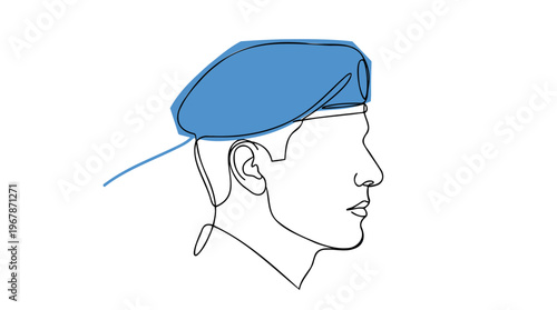 UN Peacekeeper male profile in blue beret, side view. Symbol of peace and global mission. Minimalist line art with flat blue color. Isolated vector illustration.