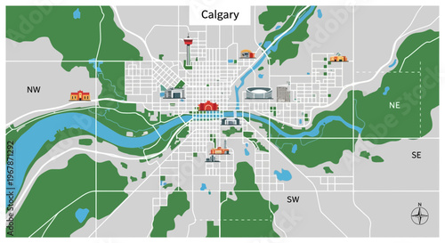 Calgary City Map Illustration - Downtown Area, Rivers, Parks, and Landmarks