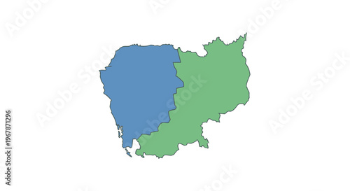 Cambodia Map Divided Regions, Blue and Green Colors, Isolated White Background