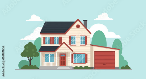 Charming Suburban House with Attached Garage and Greenery