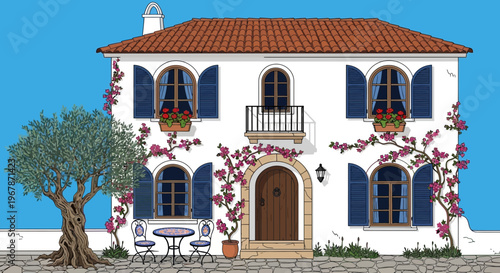 Charming Mediterranean Villa with Olive Tree and Blooming Flowers