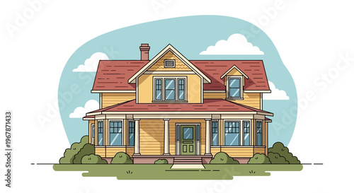 Charming Yellow Victorian House with Red Roof and Green Door, Illustration