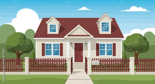 Charming Suburban House with Red Roof and White Fence in Sunny Day