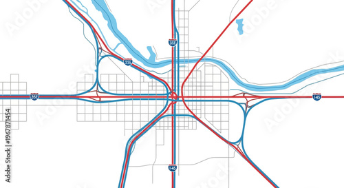 City Map Aerial View: Urban Road Network, Highways, and River