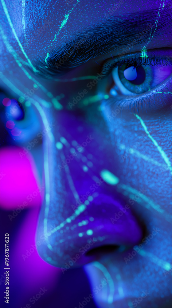 Fototapeta premium Futuristic portrait with neon digital patterns on face, representing artificial intelligence and advanced technology.