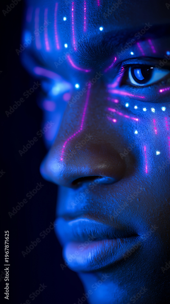 Fototapeta premium Futuristic portrait with neon digital patterns on face, representing artificial intelligence and advanced technology.
