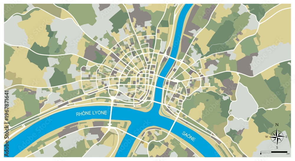 Fototapeta premium Colorful abstract map of Lyon, France, with rivers and districts