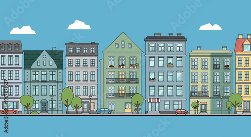 Colorful cartoon row houses, urban street scene with cars and trees