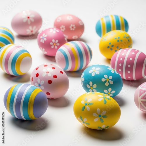A vibrant collection of hand-painted Easter eggs with pastel patterns scattered on a clean white surface, perfect for seasonal celebrations, ornament, background, circles