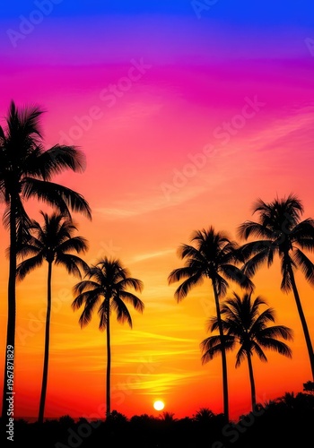 A vibrant summer background featuring silhouette palm trees against a bright sunset with artistic color splashes and watercolor textures, silhouettes, pink, texture