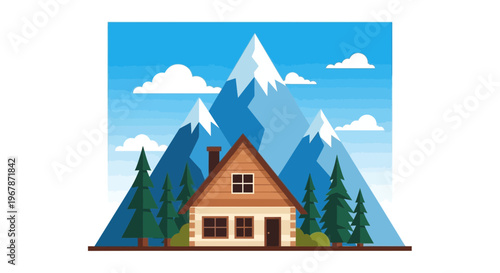 Cozy mountain cabin nestled among pine trees with snowy peaks backdrop