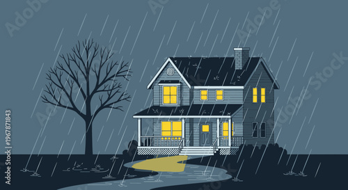 Cozy House in Heavy Rainstorm, Warm Yellow Light Glowing