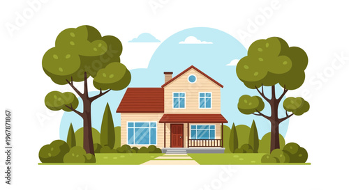 Cozy Suburban House with Lush Green Trees and Garden