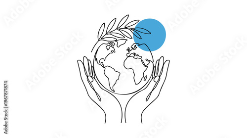 Human hands cradling Earth globe with a peace olive branch and blue sphere, symbolizing global harmony and protection in minimalist one-line art vector illustration.
