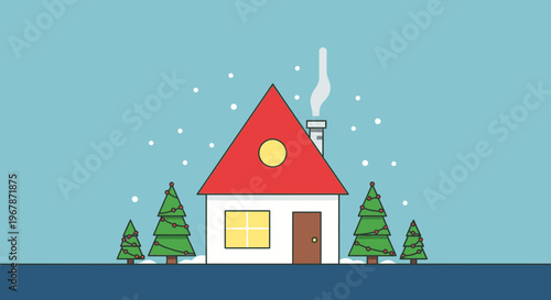 Cozy Winter House with Snowing Sky and Christmas Trees