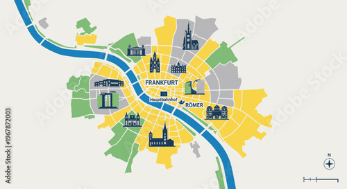 Frankfurt City Map Illustration with Landmarks and River Main
