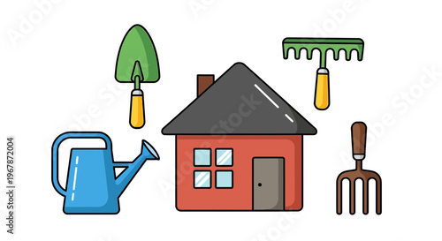 Gardening Tools and House Icon Set