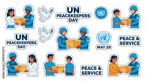 UN Peacekeepers, civilians, emblems showcasing aid, peace, and May 29, representing global service and unity in a vibrant flat cartoon sticker set, blue palette, isolated vectors.