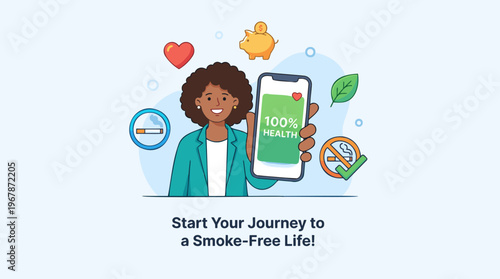 Smiling woman holding '100% Health' smartphone, surrounded by heart, piggy bank, leaf, and no smoking icons, symbolizing wellness, savings, and a smoke-free journey in a vibrant flat design vector.