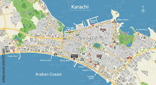 Karachi City Map - Pakistan Urban Area with Coastline and Landmarks