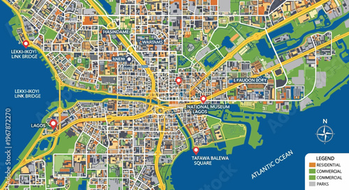 Lagos City Map Illustration: Aerial View of Urban Landscape and Atlantic Ocean