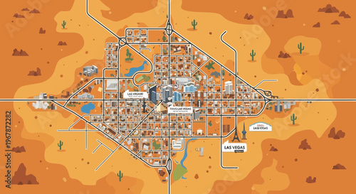 Las Vegas City Map, Nevada, Desert Landscape, Aerial View, Tourism Illustration